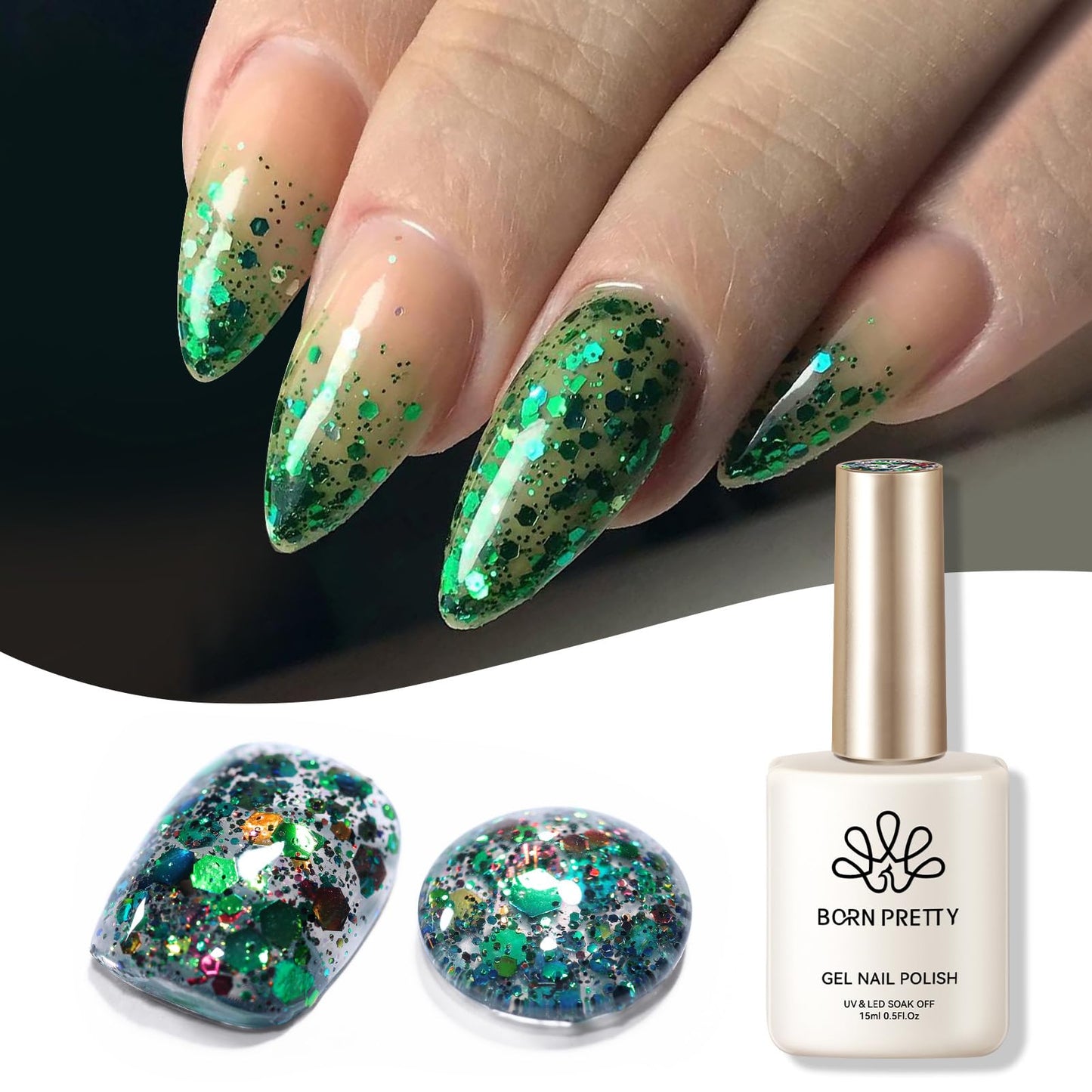 Born Pretty Christmas Green Glitter Gel Nail Polish Sparkly Shiny Glitter Sequins Green Gel Polish Hema-Free Color Gel Polish Nail Art Design Manicure DIY at Home 15ml