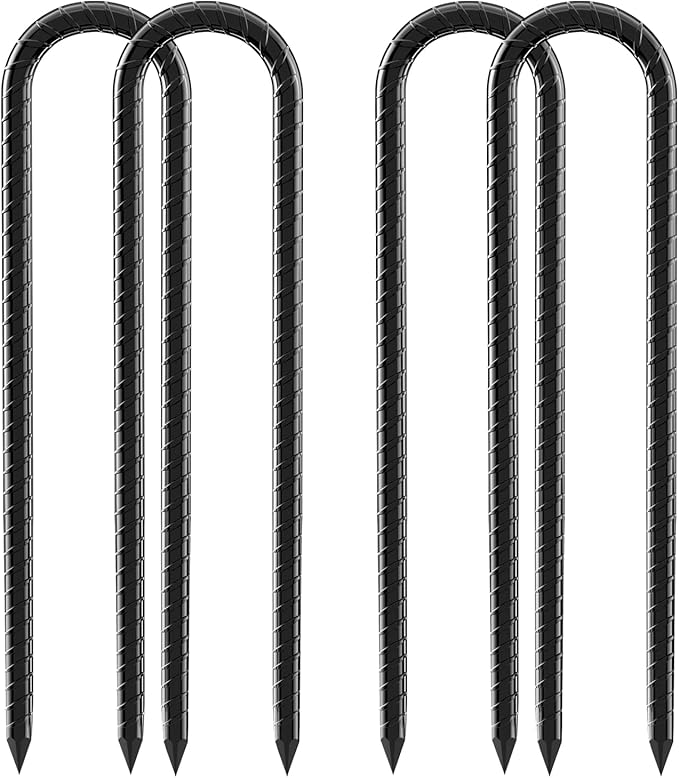 12inch Rebar Stakes, 4 Pack U Hook Ground Anchors, Heavy Duty Rust Proof Coated Steel Ground Stakes Ground Anchors, Garden Stake Metal Stakes Tent Stakes Trampoline Anchors Trampoline (Black)