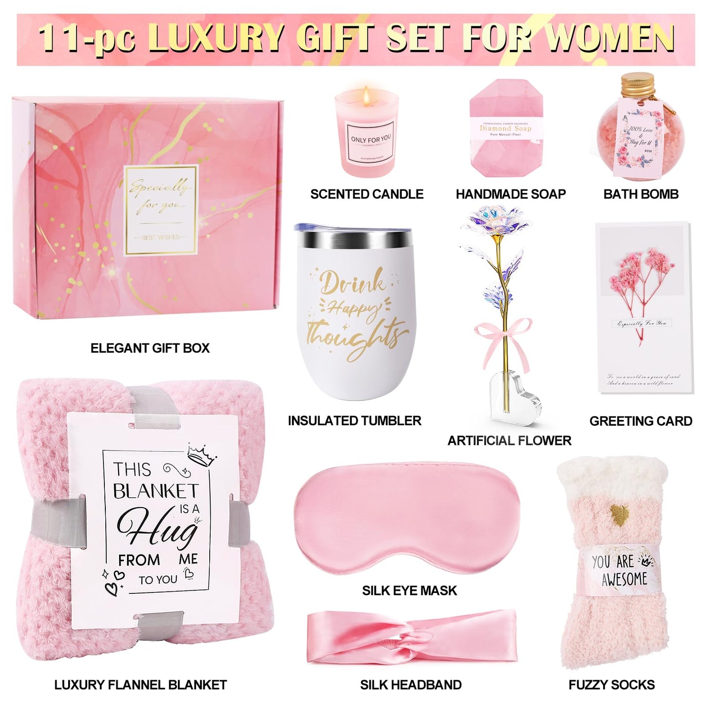 Birthday Gifts for Women Self Care Gifts Get Well Soon Gifts, Rose Relaxing Spa Gifts Basket Care Package, Luxury Flannel Blanket, Unique Mothers Day Idea Gifts for Mom Her Grandma Friend Sister Wife