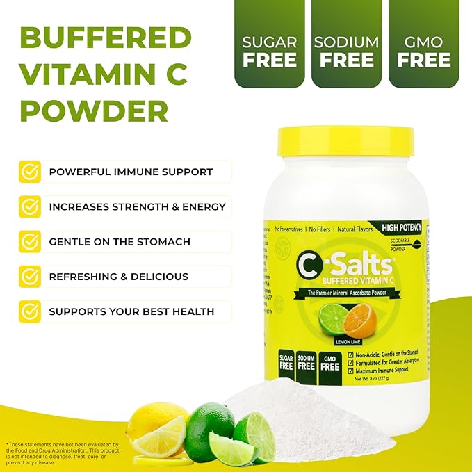 C-Salts Original Vitamin C Powder Supplement - 100% Pure High Dose Buffered Vitamin C Powder for Immune Support - Sugar-Free Powdered Drink Ascorbate, Organic, Stomach-Friendly, Lemon Lime 8oz