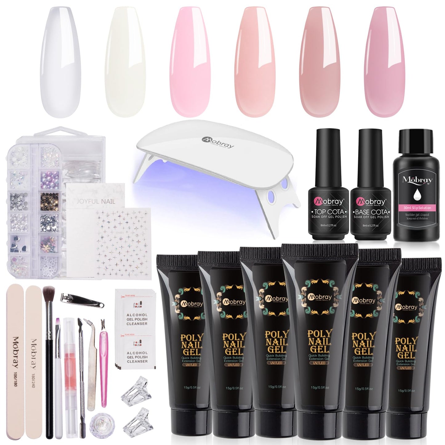 Mobray Poly Nail Extension Gel Kit Starter-6 Colors Clear Nude Pink White Natural Series Builder nail Gel All In One kit with 6W Nail lamp and Complete Poly Nail Art Tools for Beginner DIY And Gifts