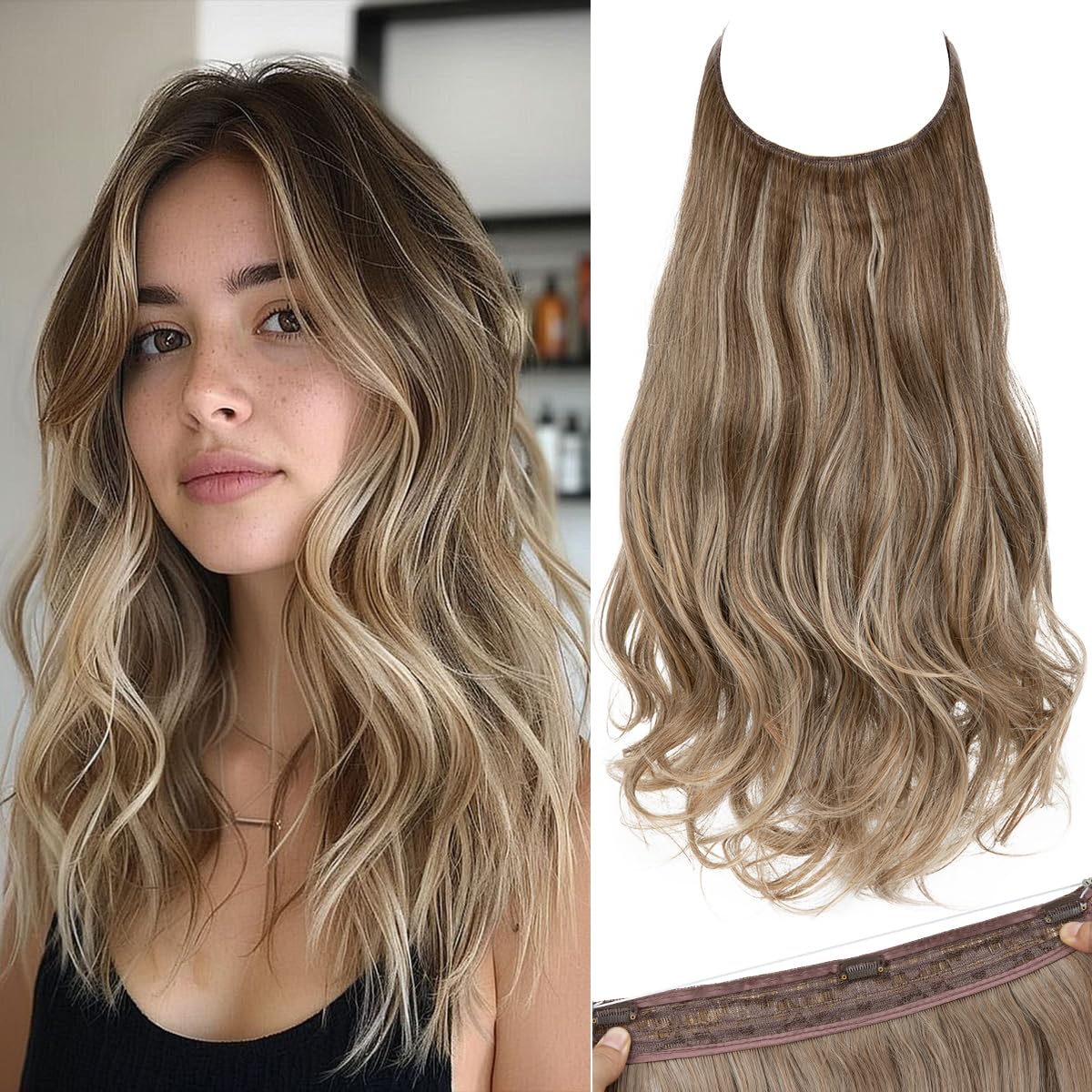 SARLA Invisible Wire Hair Extensions with 3 Clips Short Wavy Curly Synthetic Hairpiece for Women Adjustable Transparent Headband 14 Inch Dark Sand