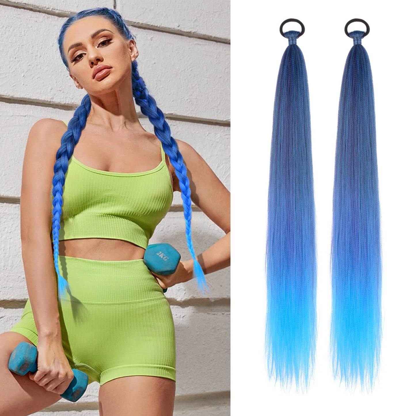 Braid Ponytail Extension with Elastic Tie Straight Sleek Wrap Around Braid Hair Extensions Ponytail Natural Soft Synthetic Hairpiece Blue gradient 26 Inch(Black/Blue/Light Blue#)