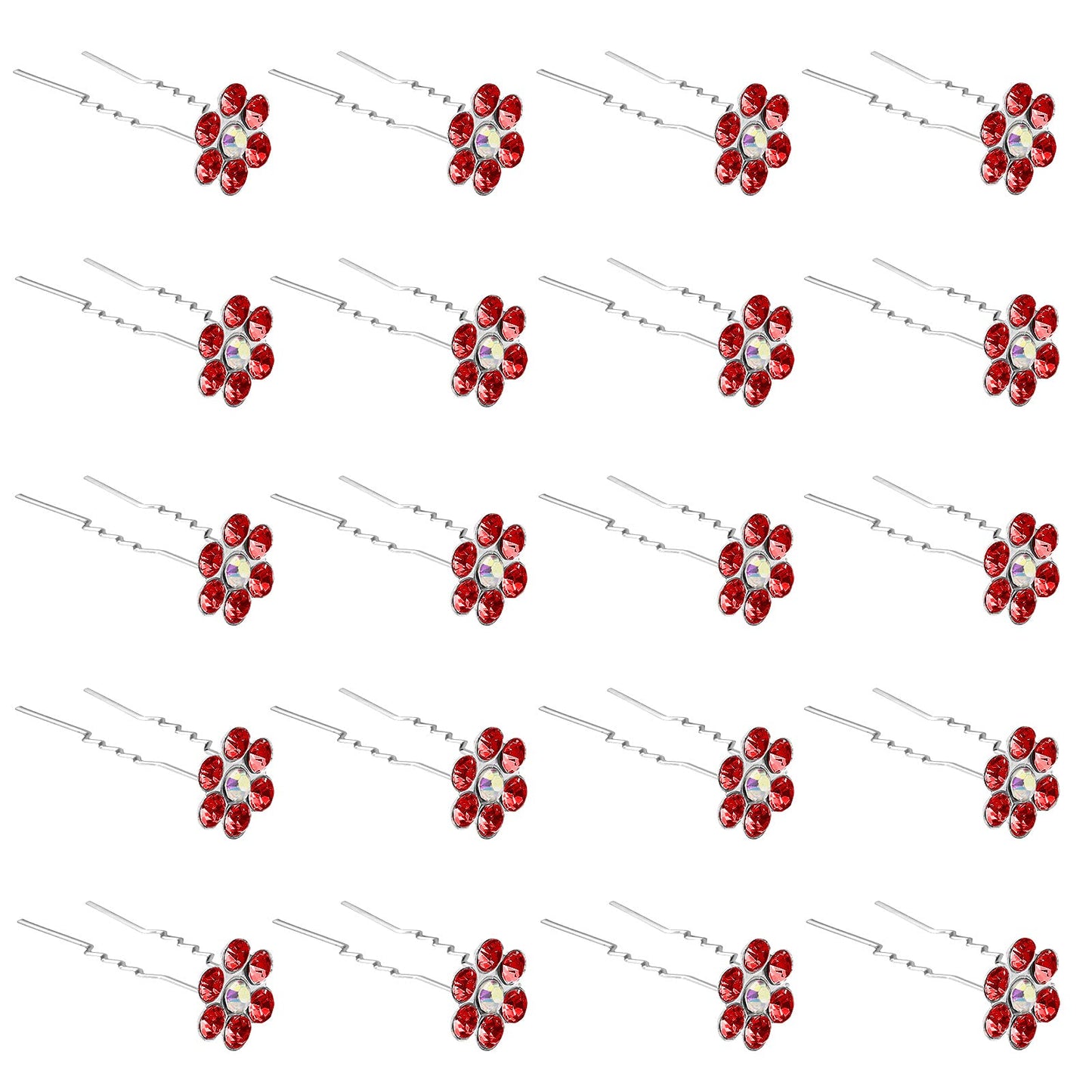 QIUTIMIY 20 Pack (Red) Crystal Flower Hair Pins Rhinestone Hair Clips for Bridal Wedding Women Hair Jewelry Accessories, with Clear Container