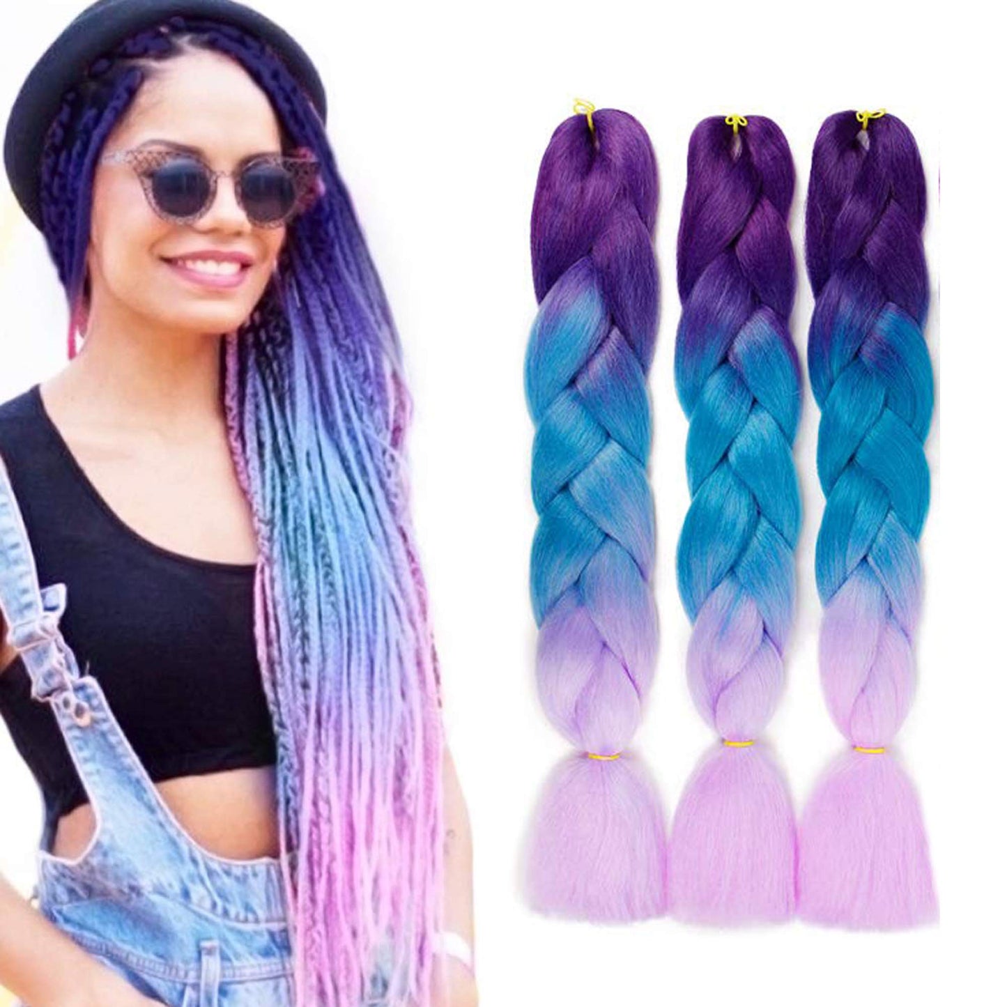 Braiding Hair Synthetic Hair Extensions Ombre Twist Braids Hair Hair Extensions 3Pcs/Lot(24'' Purple-Lake Blue-Violet)
