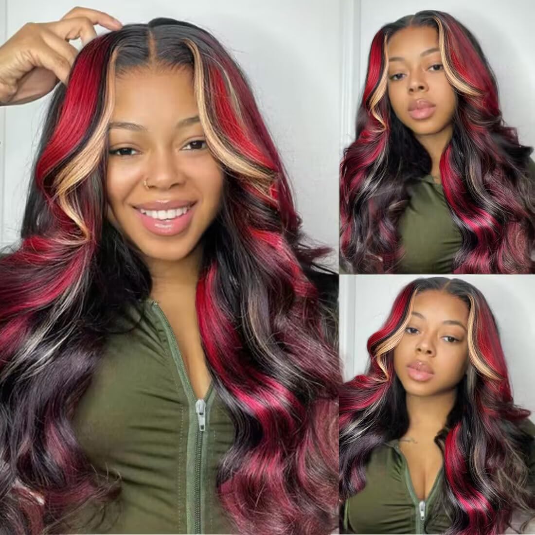 MARRY MOON 180% Density Glueless Wig Black Red Wig Burgundy Highlight Wig Human Hair Body Wave Lace Front Wigs Human Hair 13X6 HD Lace Front Human Hair Wigs Pre Plucked with Baby Hair 26 Inch
