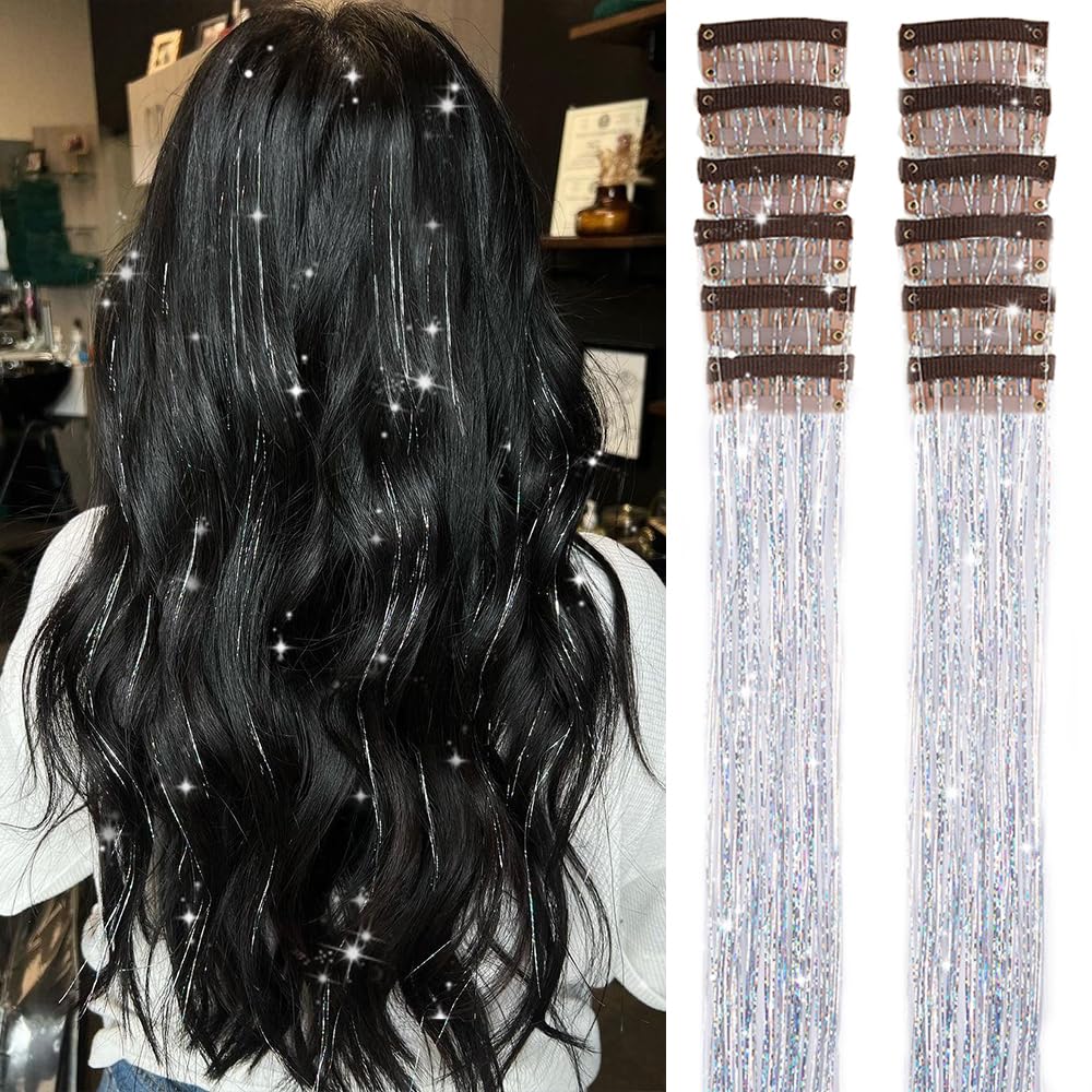 Hair Tinsel Pack of 12 Pcs Clip in Hair Tinsel Kit, 20 Inch Glitter Silver Tinsel Hair Extensions, Festival Tinsel Fairy Hair Party Dazzle Hair Accessories Strands Kit (20 Inch 12Pcs,Silver#)