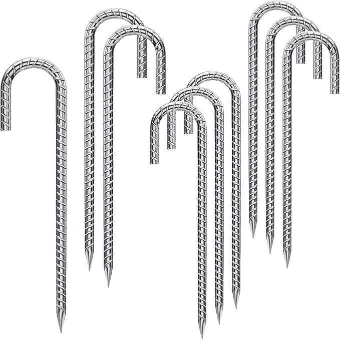 Rebar Stakes 16 Inch 9 Pack Tent Stakes Heavy Duty Metal J Hook, Fence Stakes for Trampoline, Fence, Camping Tent (9, J-16 x2/5")
