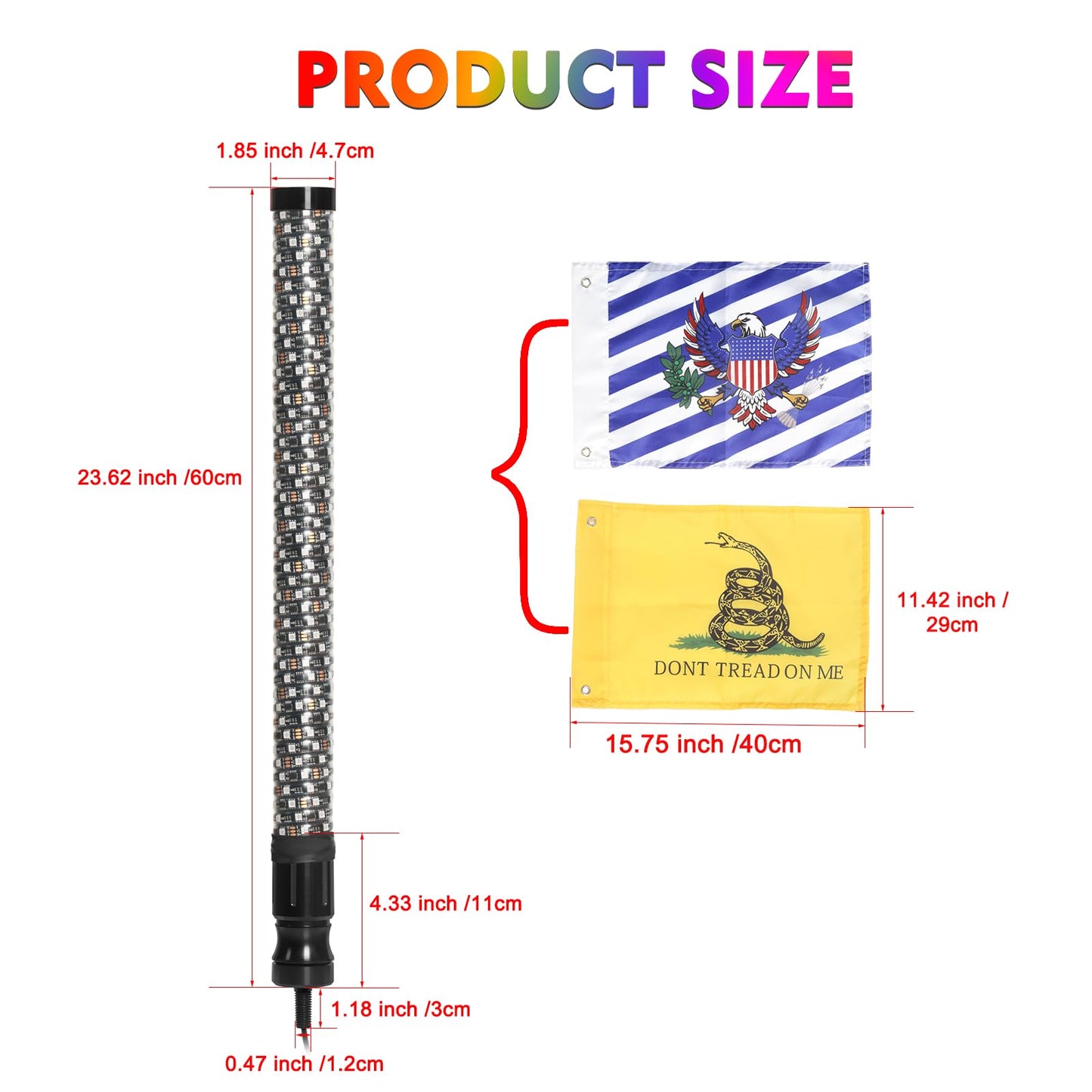 2PCS 2FT Fat Whip Lights with Function-Remote&APP Control Compatible with UTV ATV RZR Polaris Buggy Offroad Truck Accessories RGB Chasing Dancing Lighted Antenna Whips