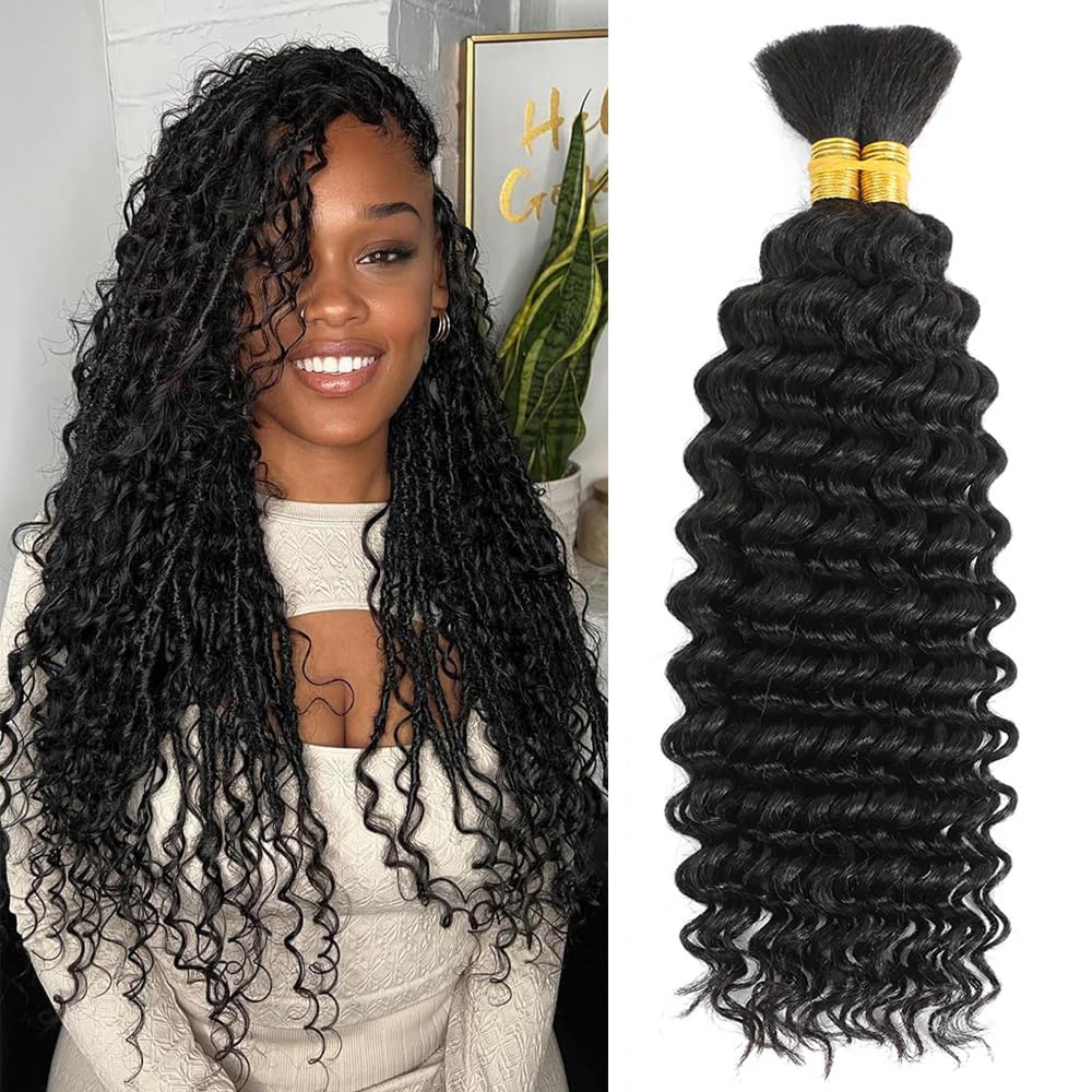 Human Braiding Hair 2 Bundles/Pack 100g Deep Wave Human Bulk Hair for Braiding No Weft 10A Brazilian Virgin Human braiding Hair for Boho Braids Extensions (Natural Color, 18 inch)