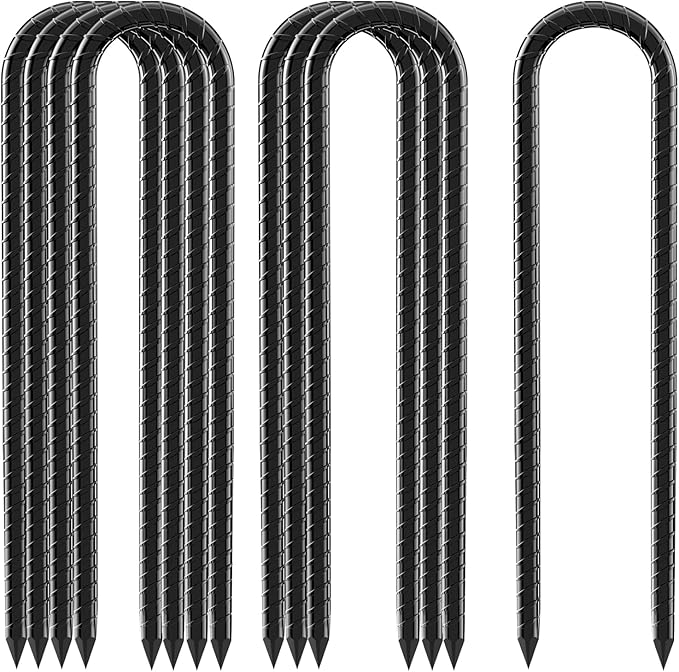 12inch Rebar Stakes, 8 Pack U Hook Ground Anchors, Heavy Duty Rust Proof Coated Steel Ground Stakes Ground Anchors, Garden Stake Metal Stakes Tent Stakes Trampoline Anchors Trampoline (Black)