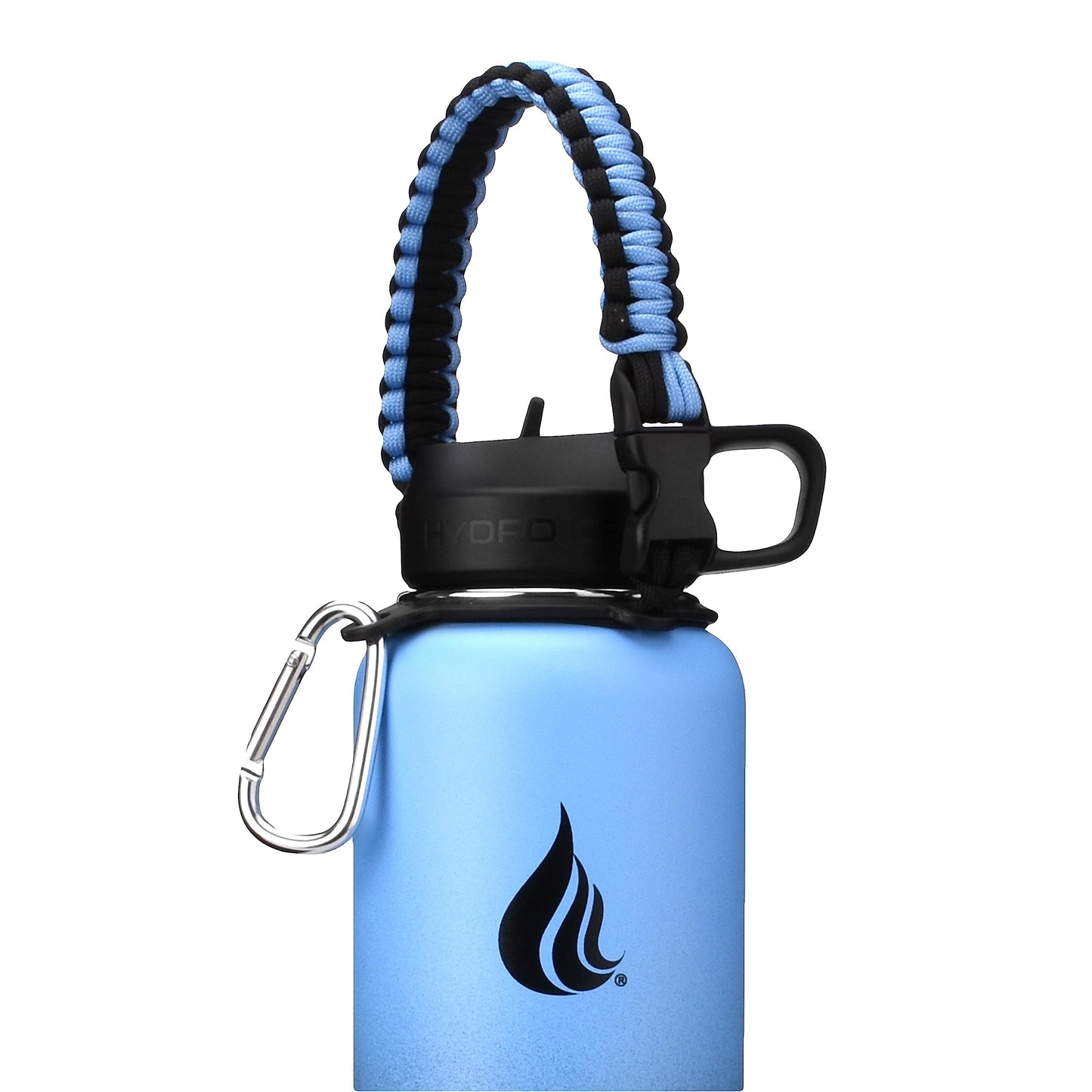 HYDRO CELL Paracord Handle for Wide Mouth Water Bottles - Carrier Strap w/Attachment Ring and Carabiner Accessory. Compatible w/ 64oz, 40oz 32oz, 24oz, 18oz, 14oz Insulated Bottles (Blue/Black)