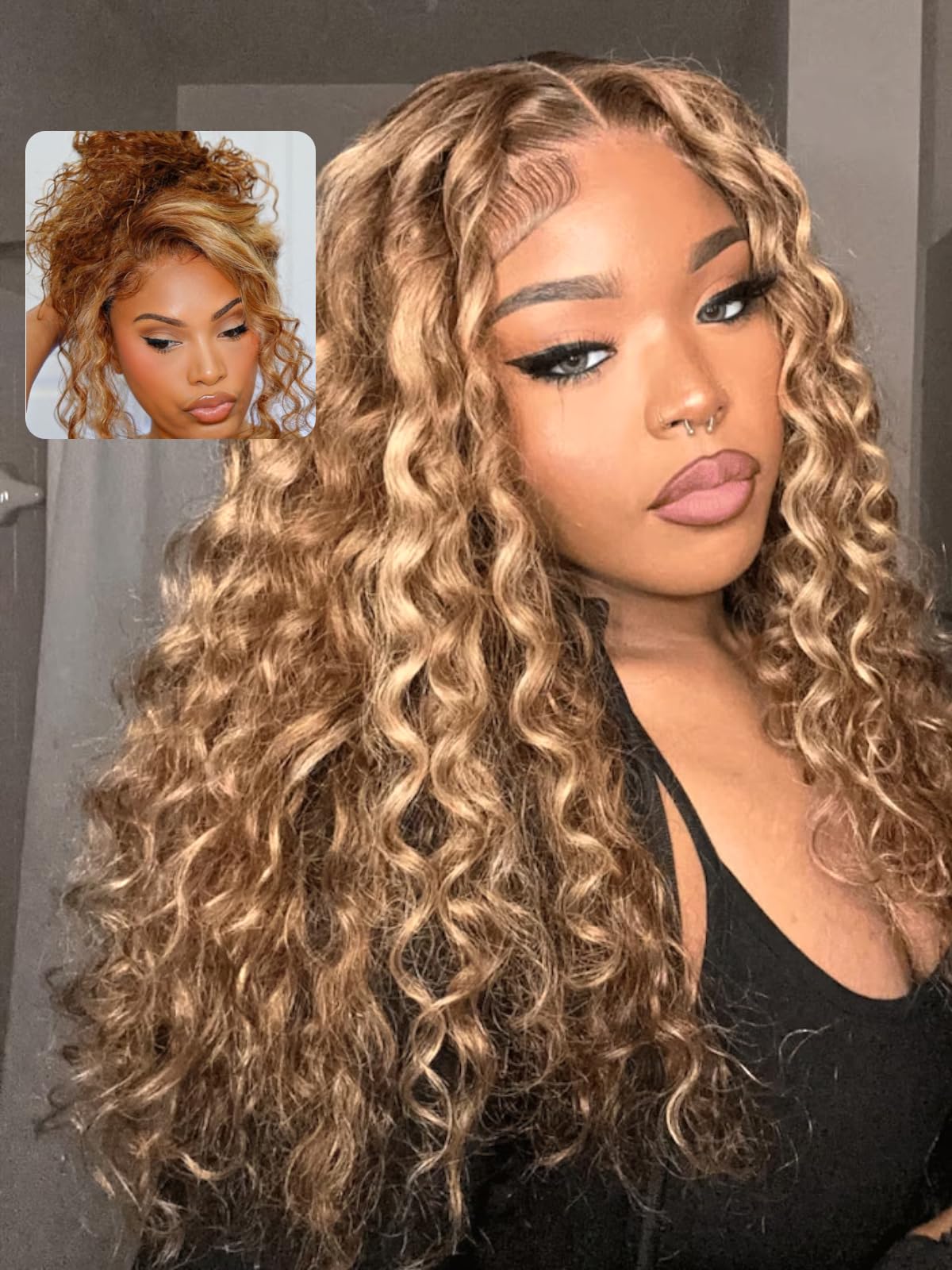 UNICE Water Wave Blonde Highlight Bye Bye Knots Glueless Wigs Human Hair Pre Plucked Pre Cut 7x5 Lace Front Wigs Human Hair Wet and Wavy Put on and Go Human Hair Wig 150% Density 16 Inch