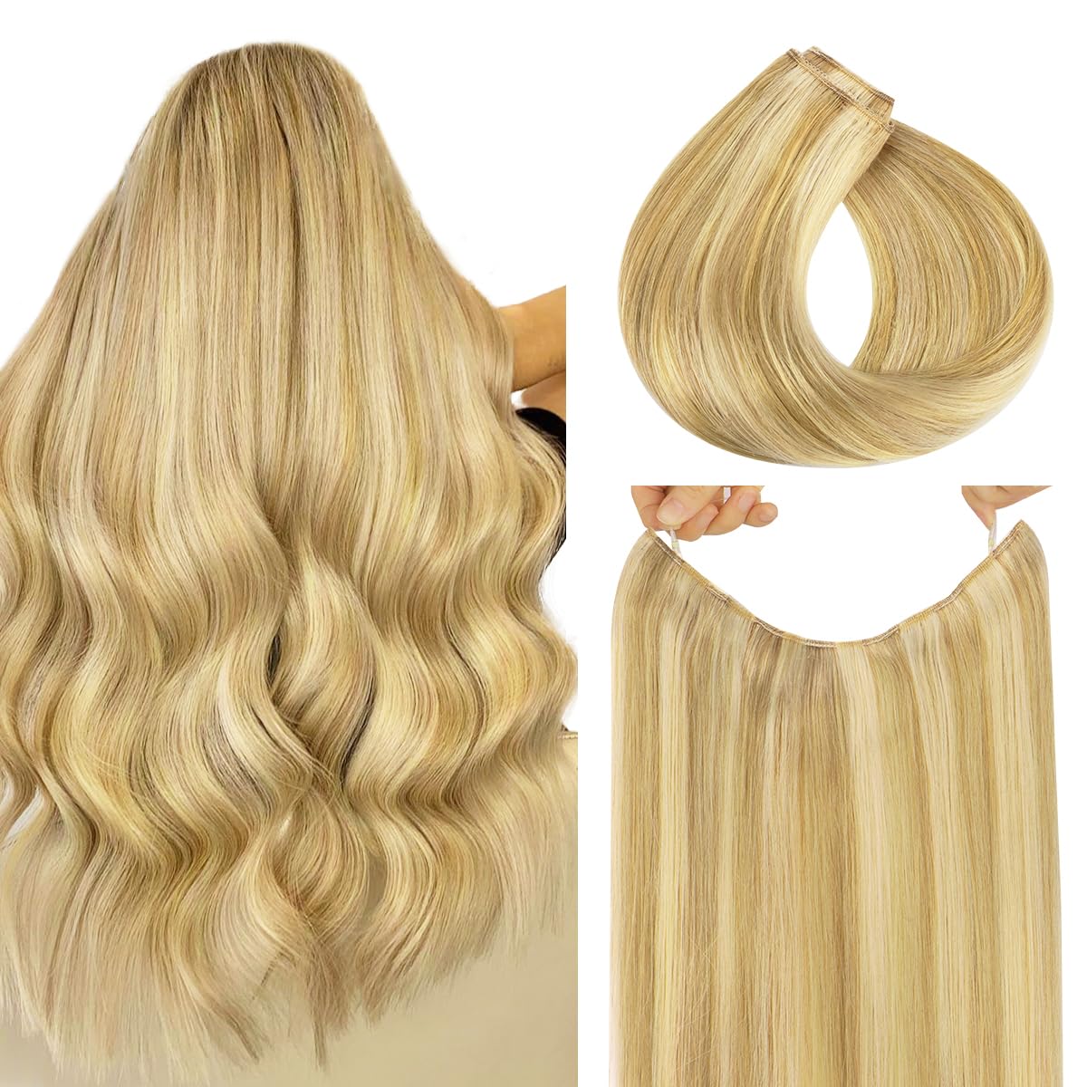 HOTBANANA Wire Hair Extensions, 12 inch 70g Light Blonde Highlighted Golden Blonde Invisible Fish Line Real Human Hair Extensions Straight