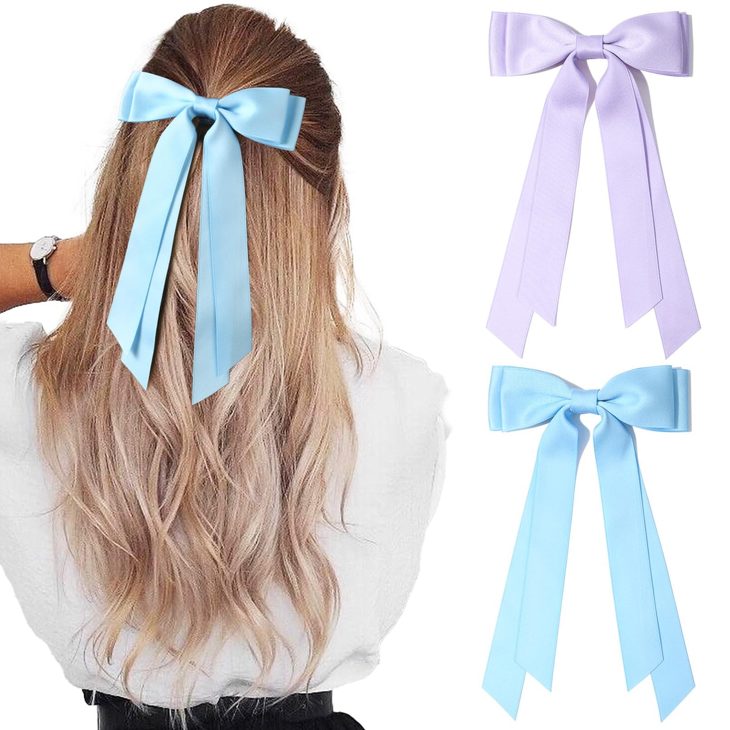 2Pcs Silky Satin Hair Bows Hair Clip Blue Purple Hair Ribbon Ponytail Holder Accessories Slides Metal Clips Hair Bow For Women G