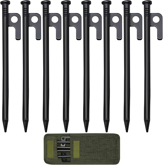8 Pack Tent Stakes, 8in Tent Stakes Heavy Duty with Storage Bag, Forged Steel Tent Pegs for Camping Unbreakable and Inflexible(8pcs 8in Stakes)