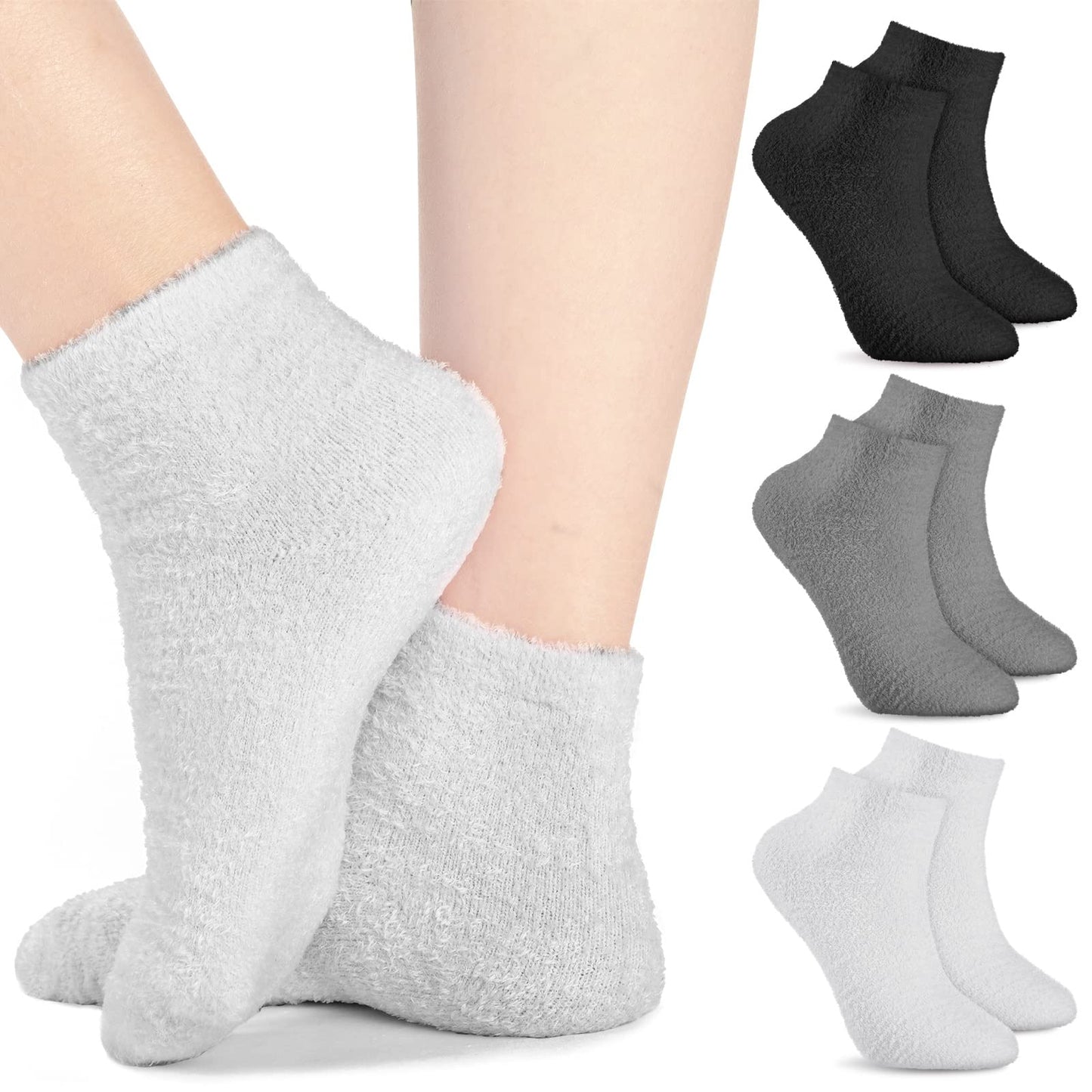 Janmercy 3 Pairs Aloe Socks Moisturizing Spa Infused Gel Sleeping Fuzzy Dry Feet Non Slip Lotion Socks for Women Men Repairing Softening Dry Cracked(Black, Dark Gray, Light Gray)