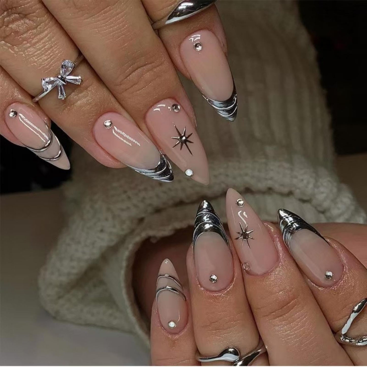 Silver Press on Nails Medium Almond Fake Nails Nude Glossy False Nails with Design Shiny Rhinestone Glue on Nails Reusable Artificial Acrylic Full Cover Star Stick on Nails for Women Manicure 24Pcs