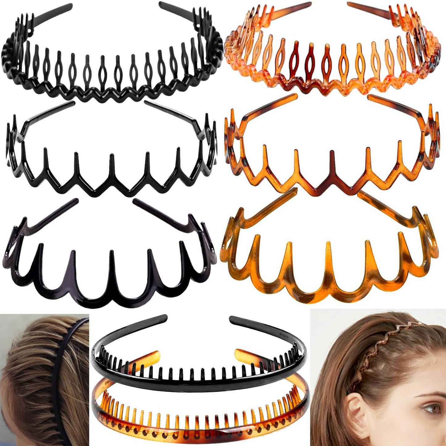 ULTIMUTE 8 PCS Fashion Effortless Plastic Headbands with Teeth Comb Black Skinny Headbands No Slip Hair Accessories Bands for Women Men Teen Girls, Leopard&Bright Black