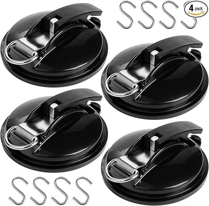 OCR 4 Pack Vacuum Suction Cup, Heavy Duty Sucker Cup Anchor with 8 Securing S Hook, Car Tensioner for Camping Car Mount Tents Luggage Tarps Car Side Awning (Black)