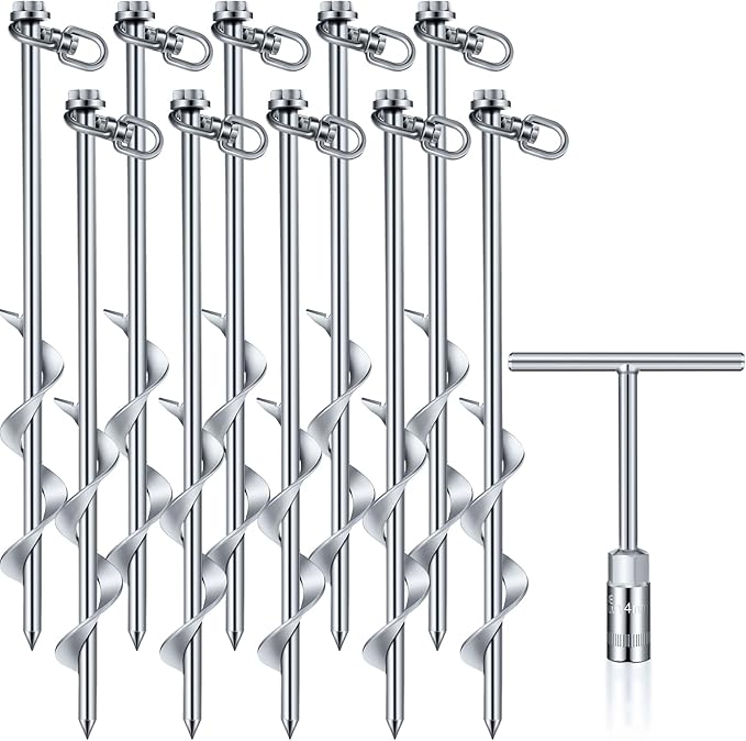 Hiboom Ground Anchor Screw Heavy Duty Earth Anchors Tent Stakes for High Wind with T Handle Hex Wrench Trampoline Hook Ground Stakes for Camping Canopies Car Ports Sheds (10 Pcs,Silver,12 Inch)