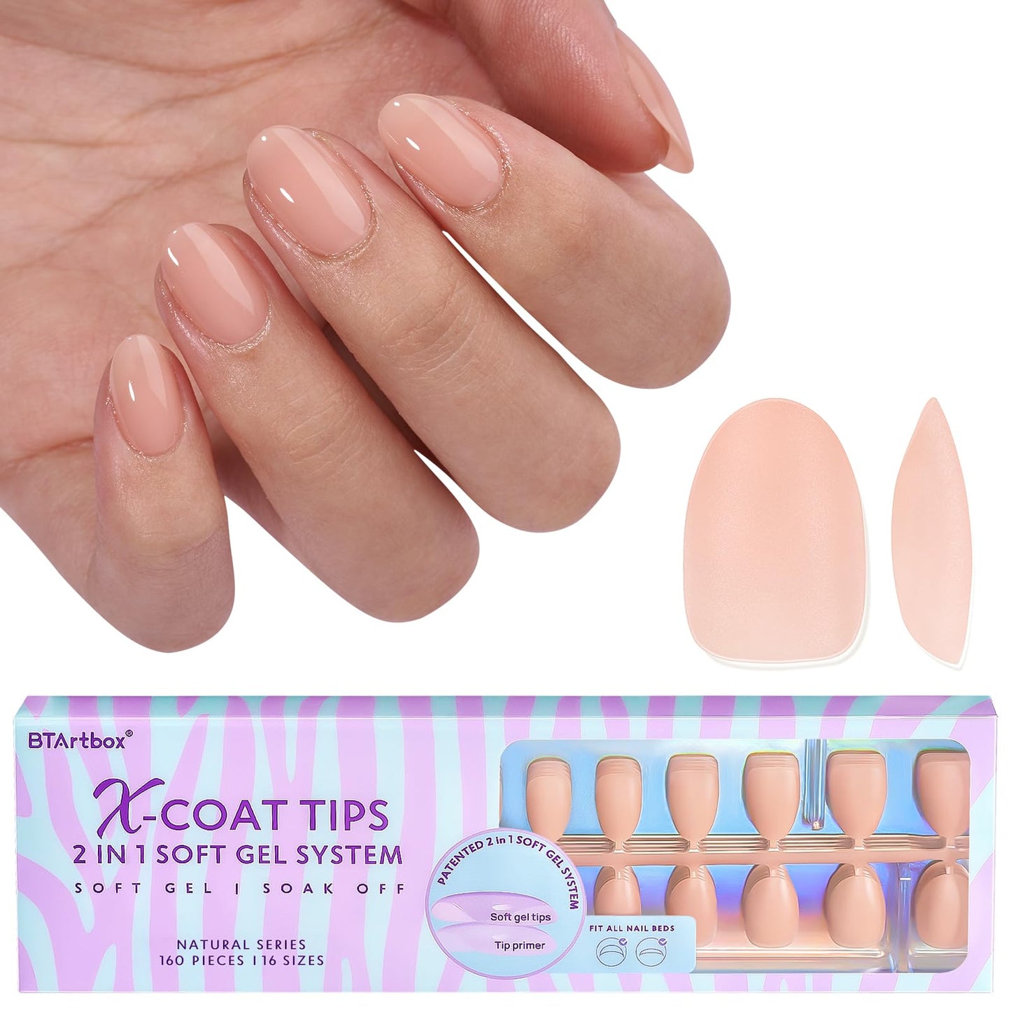 BTArtboxnails XS Short Almond Gel Nail Tips - Pre Colored Soft Gel Nail Tips, Skin Tones Press on Nails, Natural XCOATTIPS Pre Applied Tip Primer