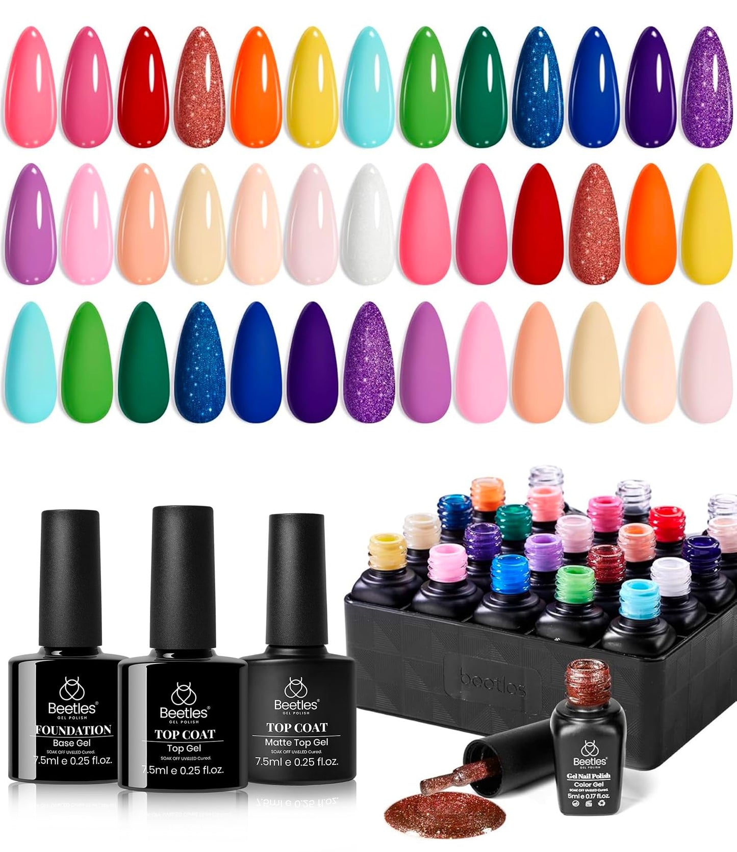 Beetles Pastel Gel Polish Set 23Pcs Summer Rainbow Gel Nail Polish Pink Orange Green Red Glitter Color with Base Glossy and Matte Top Coat Manicure Kit Soak Off Uv Led Gifts for Women