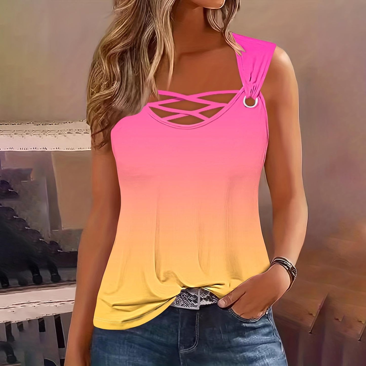 Boho Blouses for Women 2024 Tank Tops for Women Criss Cross Hollow Out Sleeveless Camisole Shirts Scoop Neck Casual Summer Basic T Shirts Extra Long Tank Tops for Women