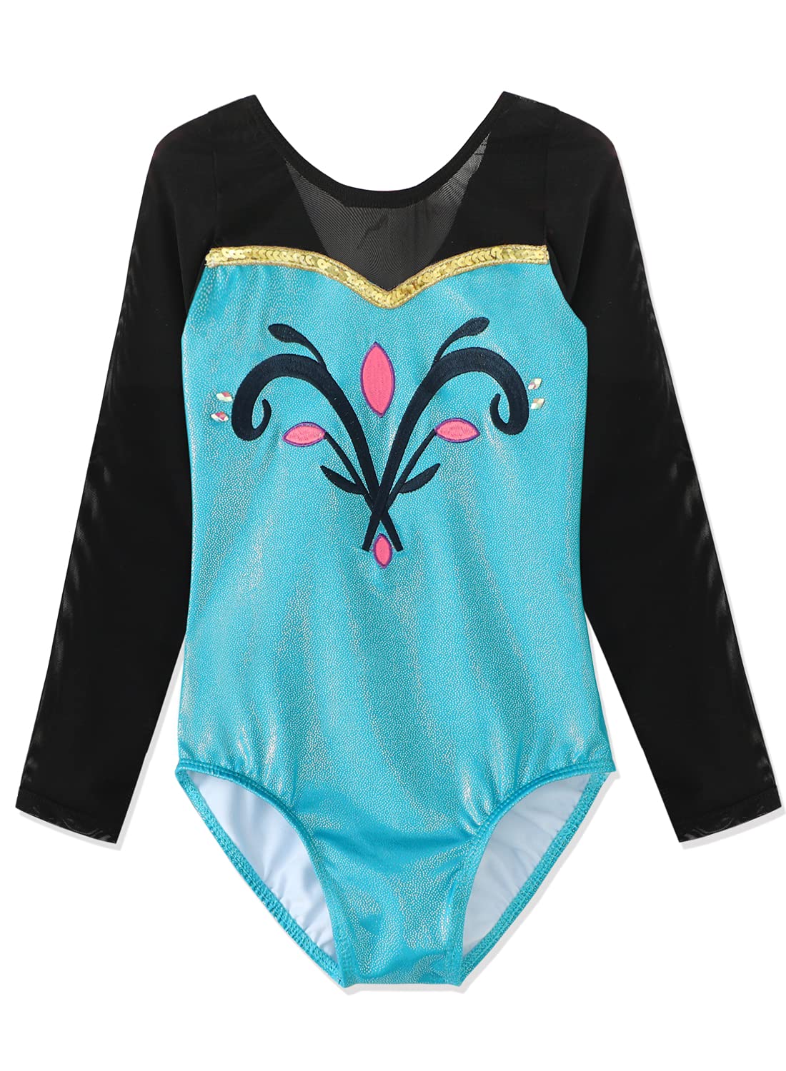 HOZIY Gymnastics Outfits for Girls 5-6 Long Sleeve Leotards for Kids Toddlers Black Lace Green Gold Sequins Sparkly Shiny Embroidered Flower Floral Embroidery