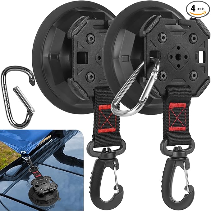 2PCS Upgrade Heavy Duty Rotating Vacuum Suction Cups Anchor Hooks With 2PCS Buckles ,Large Hook Suction Cup Hangers,Strong Suction Cup Hook for RV Awning Camping Outdoor,Window Suction Cups With Hook