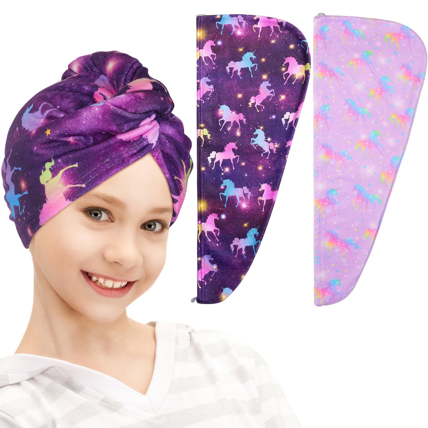 FIOBEE Microfiber Hair Towel Wrap for Kid Rapid Drying Towel Absorbent Hair Turbans for Wet Hair with Button Women Girls Long Curly Hair Pack of 2, Deep Purple Unicorn