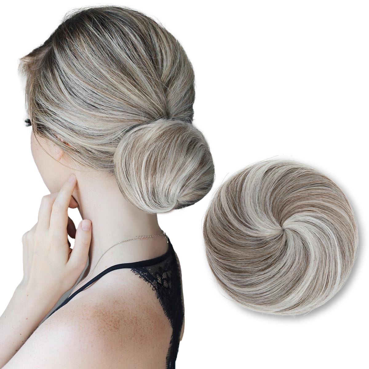 SARLA Hair Bun Extension Synthetic Drawstring Updo Fake Ballet Bun for Women Girls Lady Donut Chignon Polar Silver