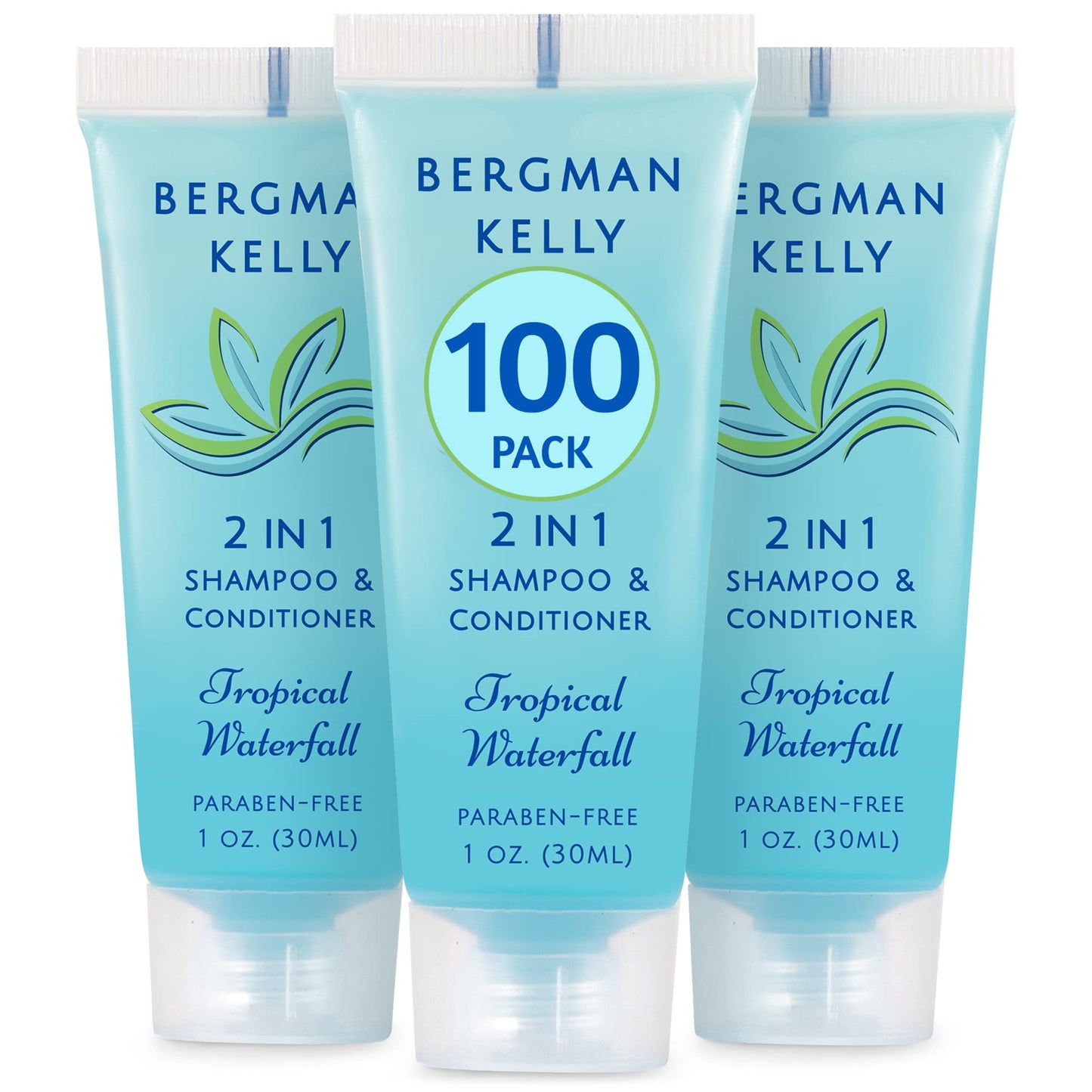 Bergman Kelly - Travel Size 2 in 1 Shampoo & Conditioner - 1 fl oz, 100 PK, Tropical Waterfall - Delight Your Guests w/Invigorating & Refreshing Shampoo Amenities - Small Hotel Toiletries in Bulk