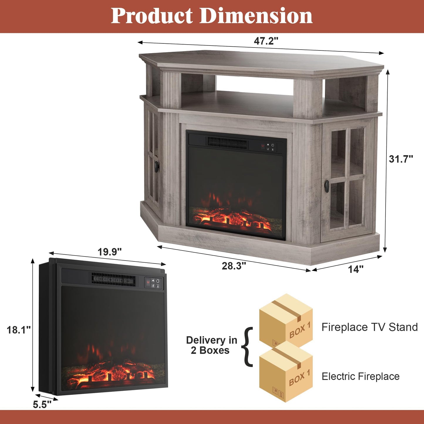 Furmax Fireplace Corner TV Stand for TV Up to 55 Inch, Modern TV Console with 18 Inch Electric Fireplace, Entertainment Center with Open Shelf and Storage Cabinets for Living Room, Rustic Oak