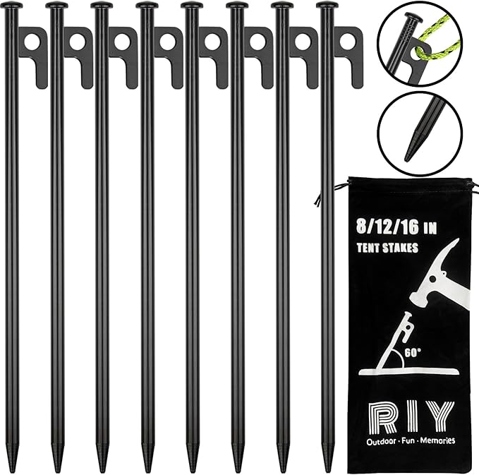 8 Pack Tent Stakes Heavy Duty 12 inch Steel Tent Pegs for Camping Unbreakable and Inflexible