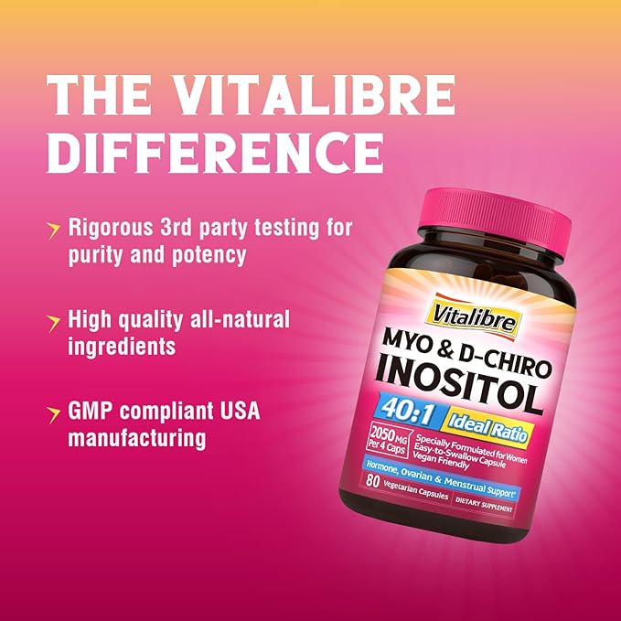 Inositol Supplement, Myo-Inositol & D-Chiro Inositol Fertility Supplements for Women, 40:1 Ideal Ratio, Hormone Balance and Ovarian Support, 80 Vegan Capsules