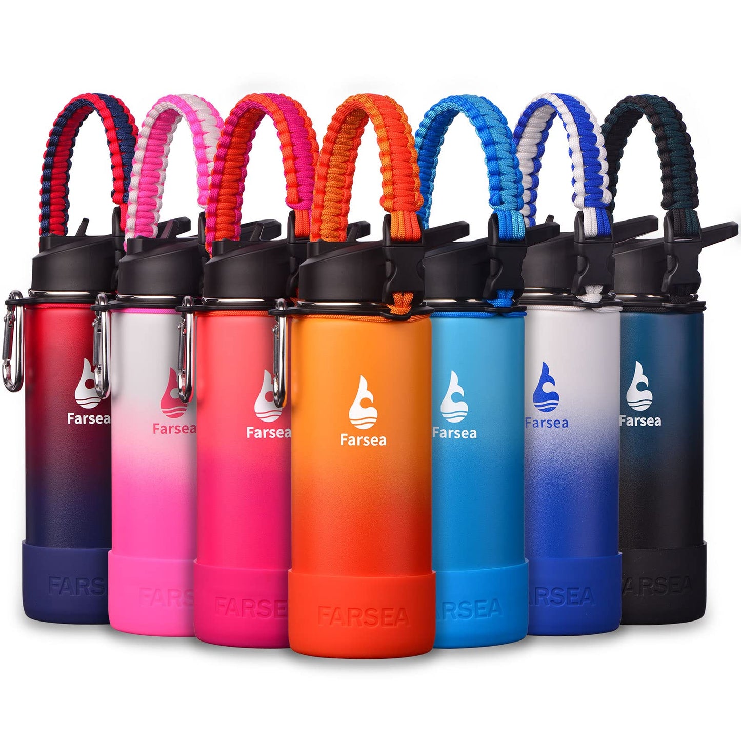 Farsea Insulated Water Bottle With Paracord Handle, Protective Silicone Boot and 2 Lids (Straw Lid & Spout Lid), Stainless Steel Water Bottle Wide Mouth, Double Wall Sweat-Proof BPA-Free, 18 oz
