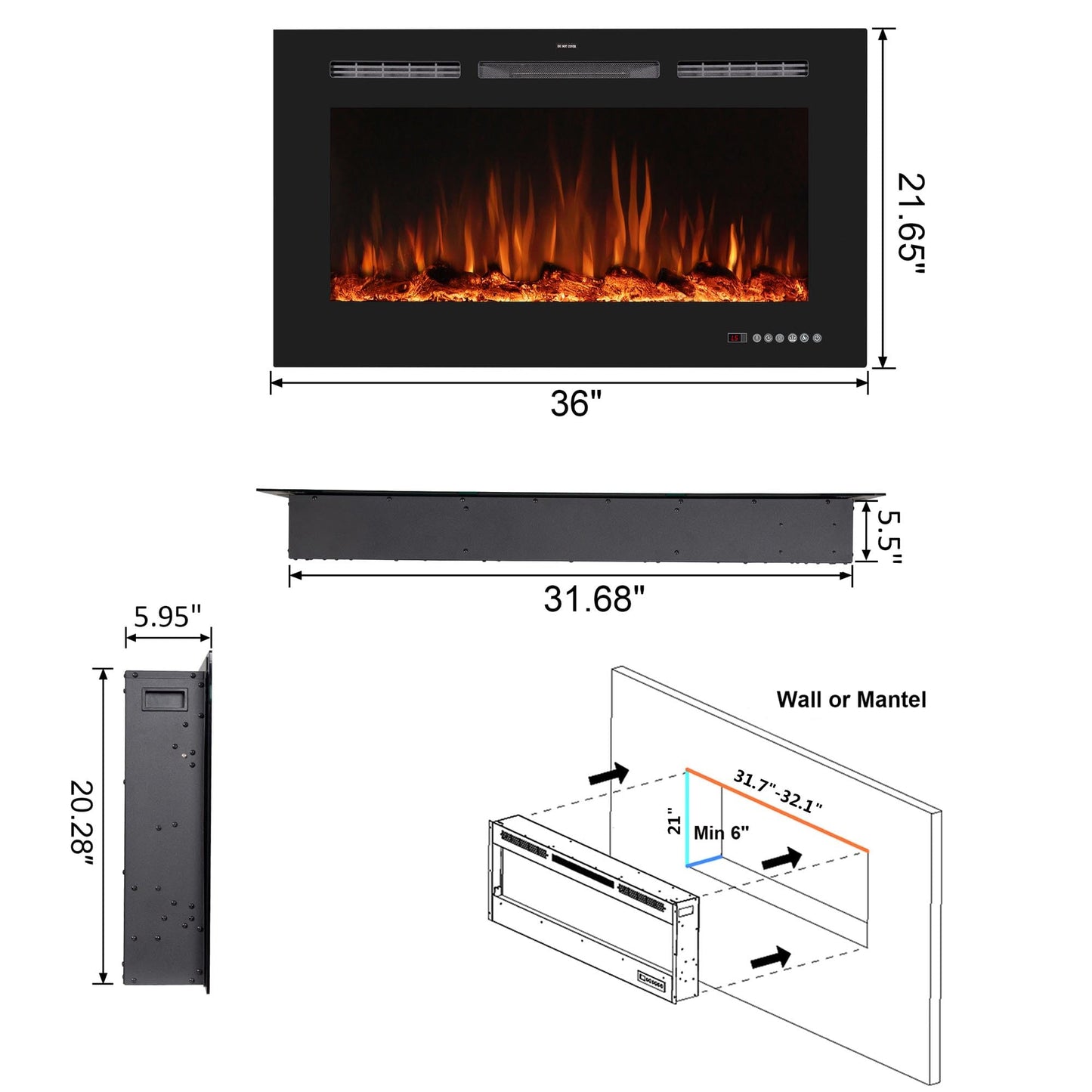 36'' Smart Electric Fireplace Inserts, Recessed & Wall Mount Electric Heater and Linear Fireplace with APP& Touch Screen &Remote Control, 62-99°F Temperature, Hard Wired & Plug in
