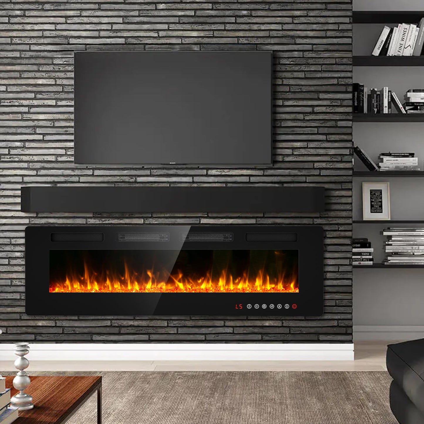 BREEZEHEAT 60" Ultra Thin Electric Fireplace Insert-ETL Certified, Recessed/Wall Mount, 3D Flame with Crystal, Remote & Touch, 750W/1500W (700 Sq.Ft), 8H Timer