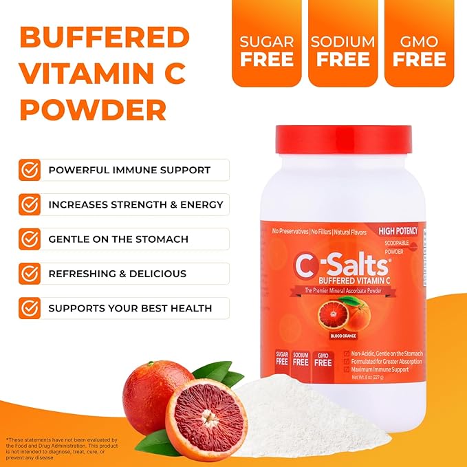 C-Salts Original Vitamin C Powder Supplement - 100% Pure High Dose Buffered Vitamin C Powder for Immune Support - Sugar-Free Powdered Drink Ascorbate, Organic, Stomach-Friendly, Blood Orange 8oz