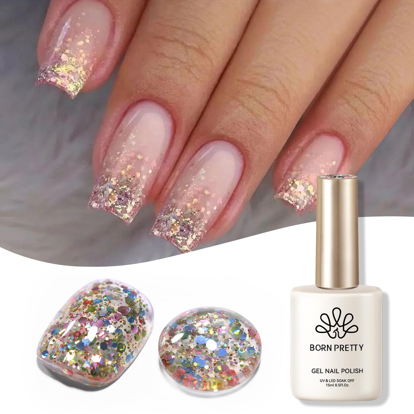 Born Pretty Christmas Gold Glitter Gel Nail Polish Sparkly Shiny Glitter Flash Gel Polish Hema-Free Color Gel Polish Nail Art Design Manicure DIY at Home 15ML