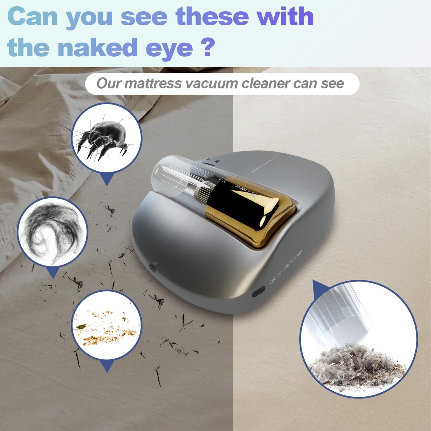 CREATULIZE Rechargeable Mattress Vacuum Cleaner 1-Click Deep Cleaning,Bed Vacuum Cleaner 14AW Strong Suction 270nm Deep Ultraviolet Lamp,Specially Designed for Mattresses,Auto for Pet Hair and Dust.