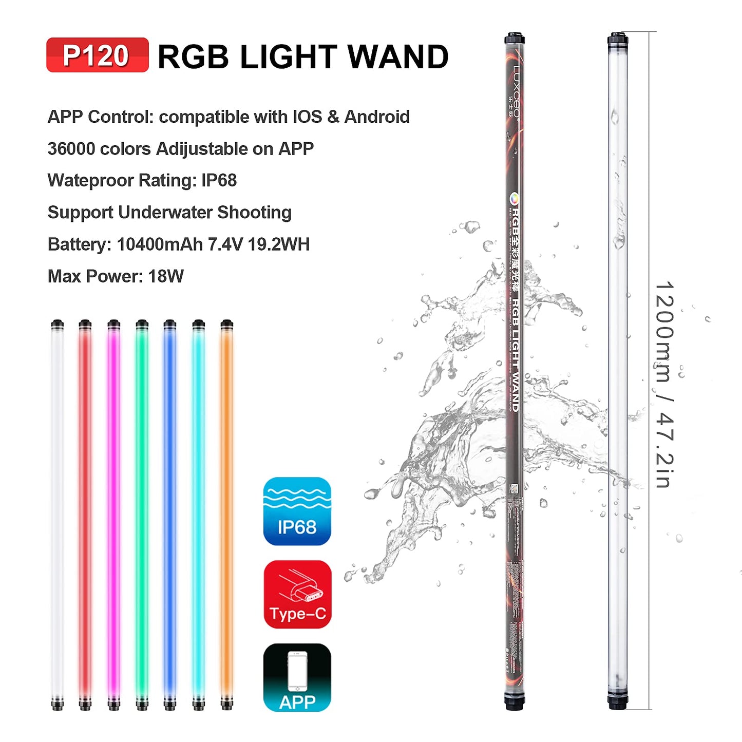 uyled P120 RGB Handheld Photography Light, APP Control 1350 Lumen LED Video Light Wand 360°Full Color 12 Lighting Modes CRI≥95 IP68 Waterproof Built-in Rechargeable Battery 3000k 5750k Colorful Stick