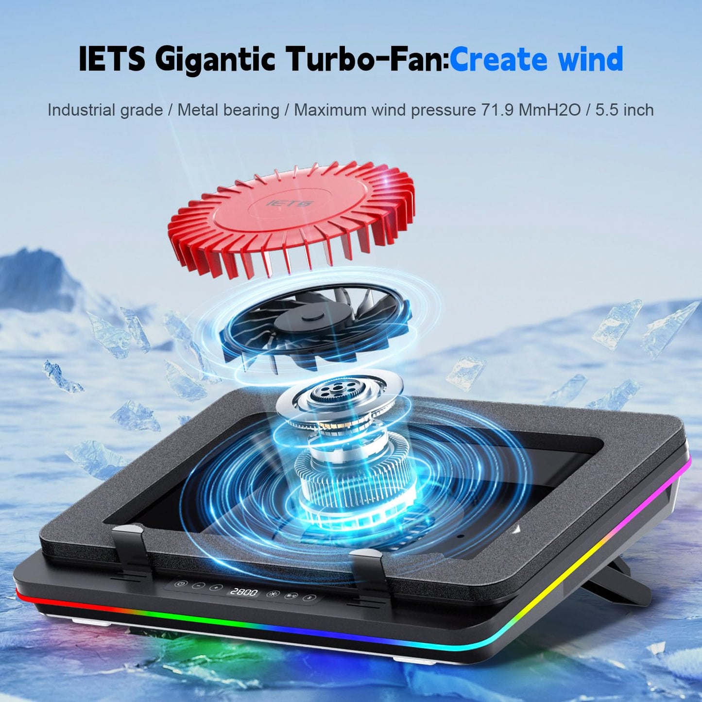 IETS GT600 RGB Laptop Cooling Pad Equipped with Gigantic Turbo-Fan(5.5inch Diameter),Sealed Foam for Rapid Cooling Gaming Laptop,14.1-19.3 inch Laptop Cooler with 3-Port USB Hub,Dust Filter