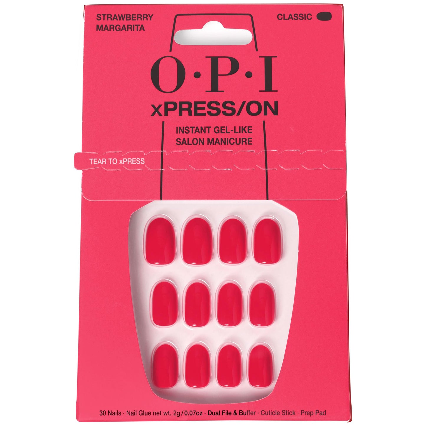 OPI xPRESS/ON Strawberry Margarita | Bright Pink Short Round Press On Nails | With Nail Glue | Long Lasting, Reusable, Non-damaging