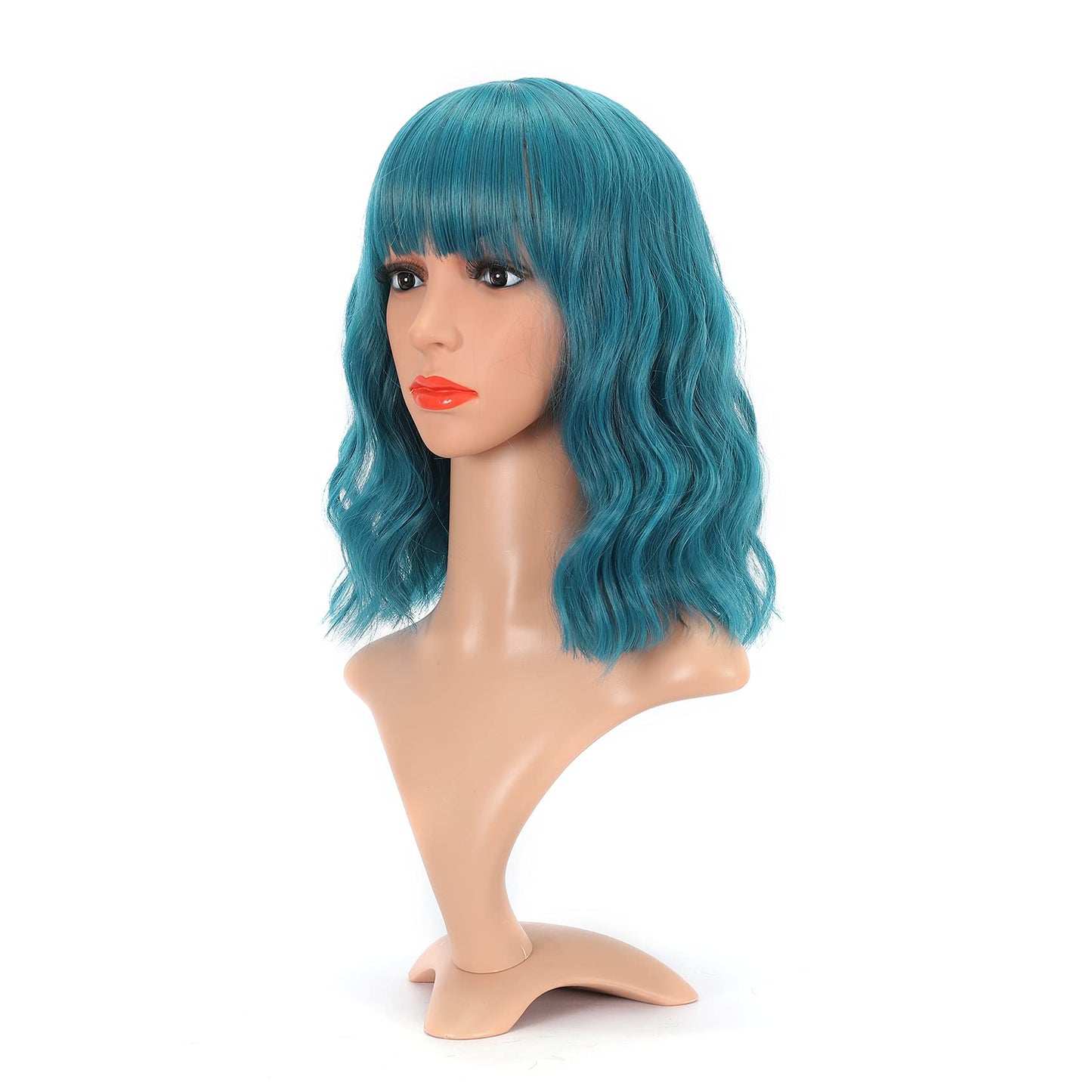 VCKOVCKO Natural Wavy Wig With Air Bangs Short Bob Dark Blue Wigs Women's Shoulder Length Wigs Curly Wavy Synthetic Cosplay Wig Pastel Bob Wig for Girl Colorful Wigs(12",Dark Blue)