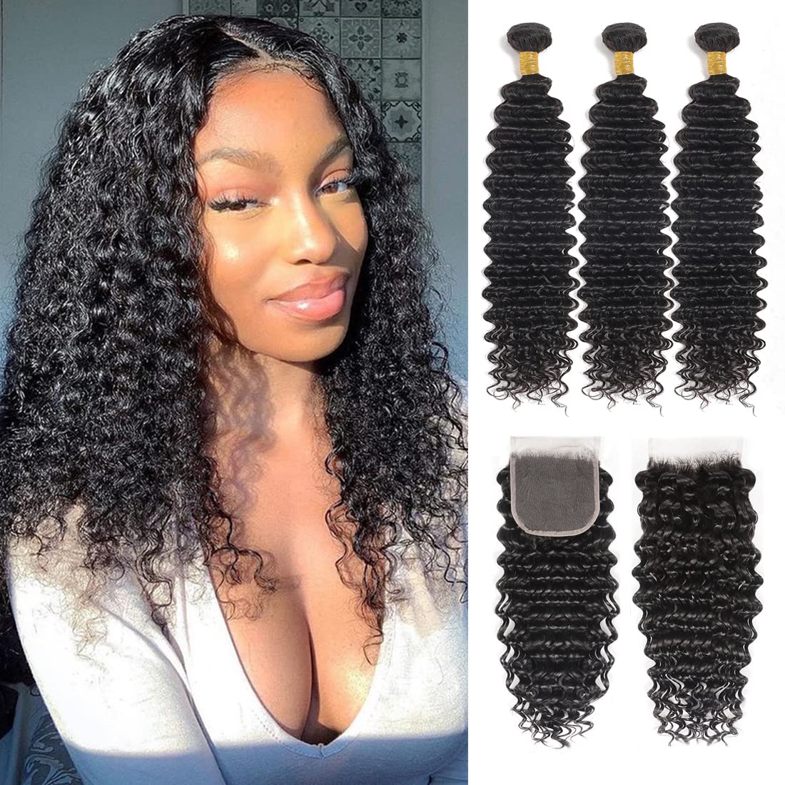 3 Bundles With Closure Human Hair (14 16 18+12 Closure) Deep Wave Bundles With Closure 100% Unprocessed Brazilian Virgin Remy Ha