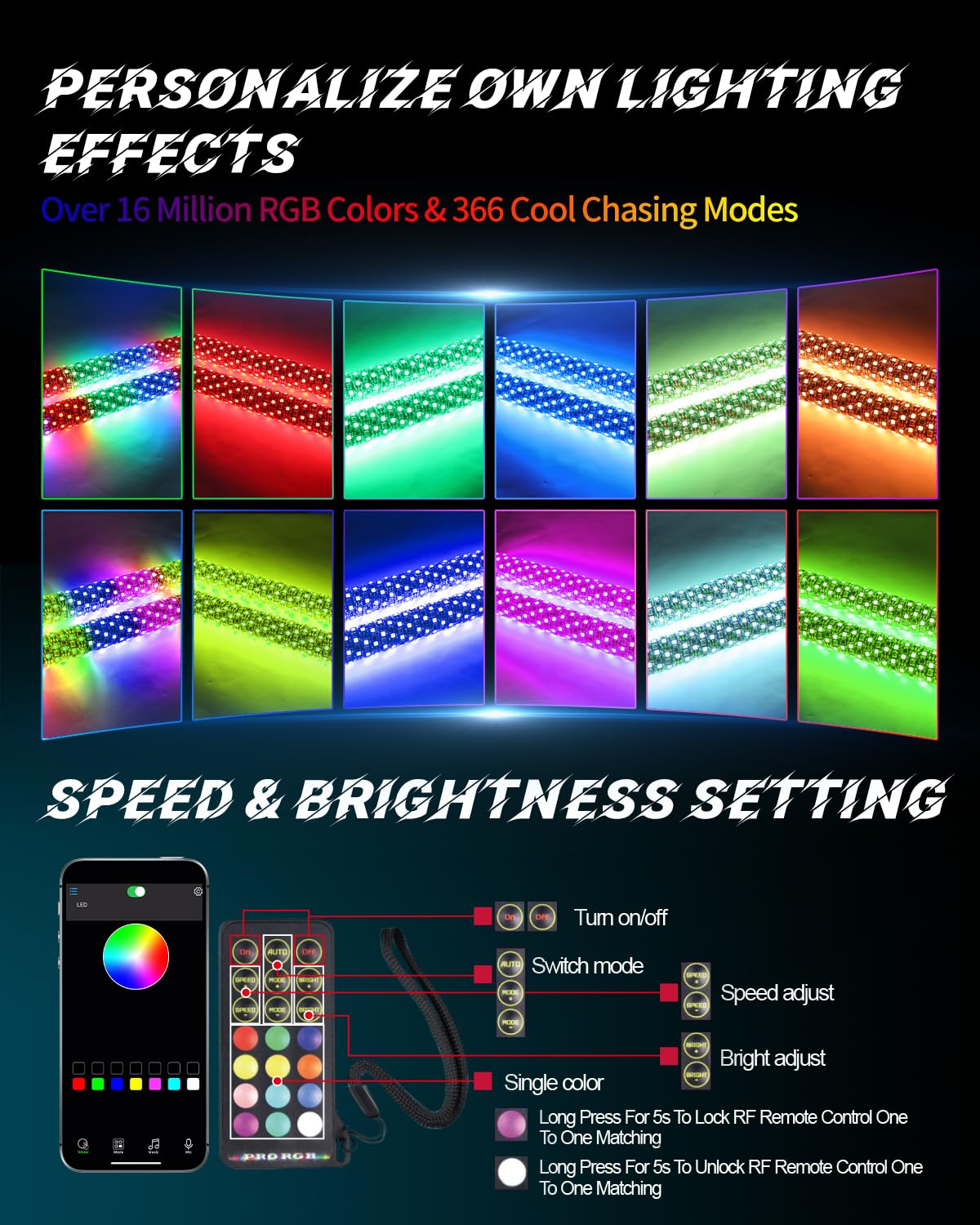 2FT Fat Spiral LED Whip Lights with Remote and APP Control, 300 Colors & 200 Modes RGB Chasing/Dancing Lighted Thick Antenna Applicable for RZR Can-Am Polaris UTV ATV Pickup Trucks, 2PCS (PRO, 2FT)