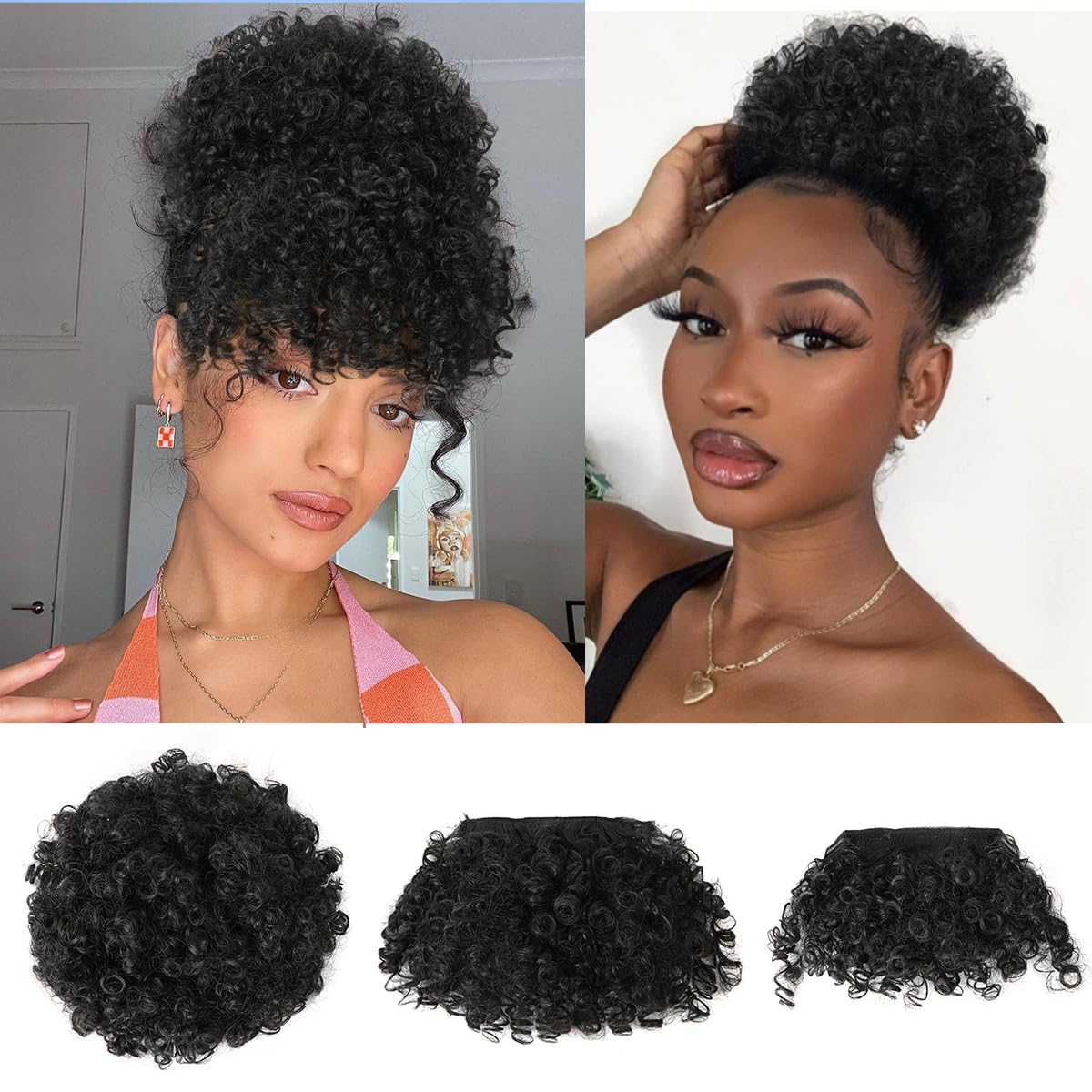 Cetiq Afro Puff Drawstring Ponytail for Black Women Pineapple Updo Hair Short Kinky Curly Ponytail Bun with 2 Replaceable Bangs, 3 Piece Set (1B)