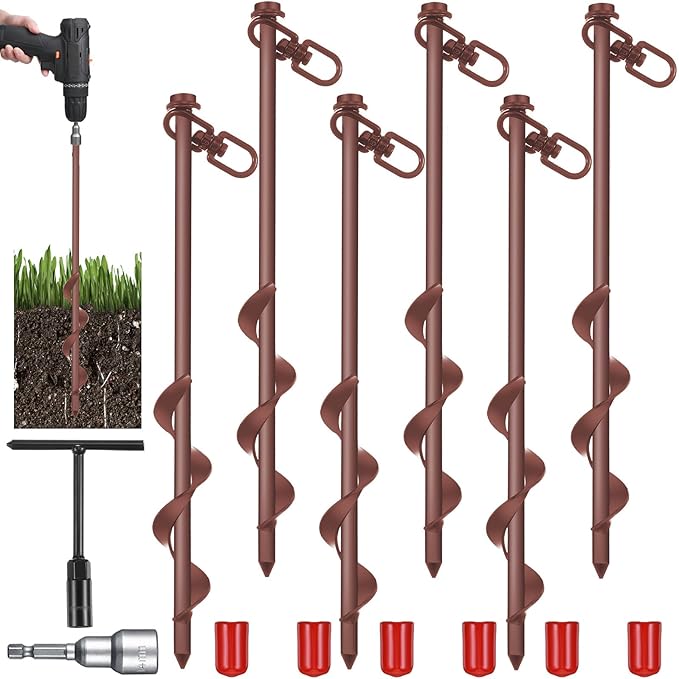Reginary 12 Inch Tent Stakes Heavy Duty Screw in Ground Anchors High Wind Camping Stakes for Trampoline Canopy Carport Sheds Anchor Beach Sand Stakes Metal Swing Set(Brown,6 Pcs)